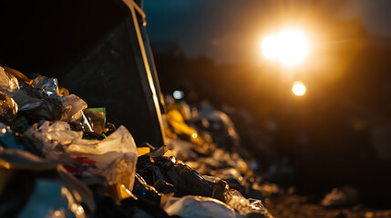 A stark image of discarded waste materials overflowing from a container at night, under a bright light, highlighting issues of waste management and environmental impact.