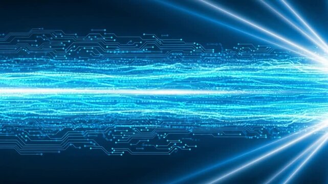 Abstract Blue Digital Data Stream Flowing Through Circuit Board Patterns Towards Bright Light Source