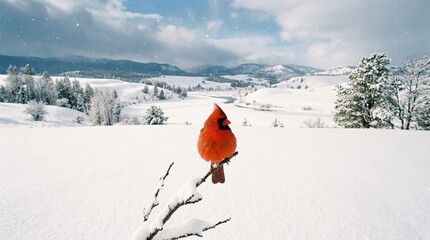 Vibrant red northern cardinal bird perched on a snowy branch in a wide open winter field landscape