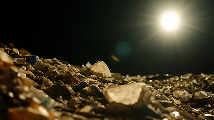 A stark image: a landfill glowing under the sun's gaze. Reflections bounce off discarded plastics, creating a visual commentary on waste and the environment.
