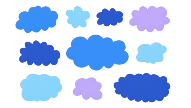 Collection of stylized blue and purple clouds various shapes on transparent background - Powered by Adobe