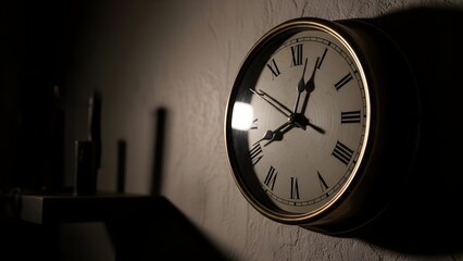 A moody, dimly lit close-up of a vintage wall clock with Roman numerals, casting deep shadows against a textured wall, evoking a sense of urgency, suspense, and real fear of running out of time.