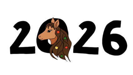 Cartoon horse head illustration with colorful decorations on transparent background