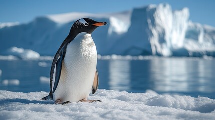 Fototapeta premium Gentoo Penguin on Antarctic Ice with Glacier Iceberg and Sea Background Polar Wildlife Nature Scene for Science Tourism Design