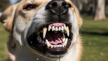Extreme close-up of an aggressive dog snarling, showing bared fangs, sharp teeth, and saliva dripping. The intense expression captures a moment of real fear and primal warning from the animal.
