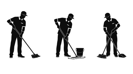 Silhouettes of a cleaner performing different cleaning tasks on a white background.