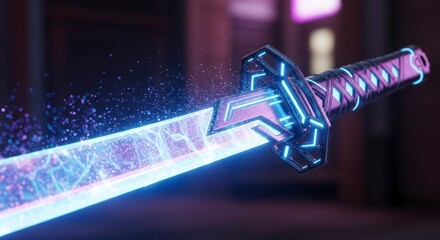 Glowing sword with purple hilt.