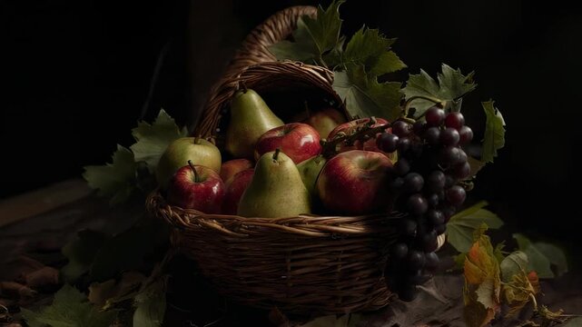 Abundant Harvest Cornucopia Filled with Red Apples Green Pears and Grapes Set Against a Dark Moody Background with Autumn Leaves Scattered Around.