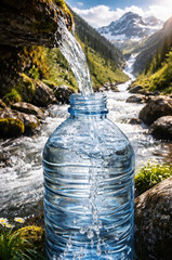 Filling bottle with natural pure mountain spring water