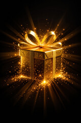 Golden gift box sparkling with magical light rays