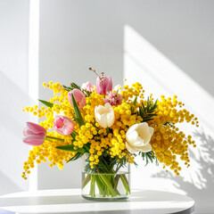 明るい陽射しの中のミモザとチューリップを活けた花瓶