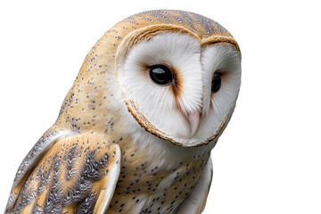 Close up of a barn owl showcasing its distinctive features against a plain background, highlighting its unique beauty and silent presence
