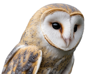 Close up of a barn owl showcasing its distinctive features against a plain background, highlighting its unique beauty and silent presence