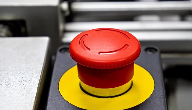 Close up industrial red emergency stop button on manufacturing equipment, safety control panel, red button.