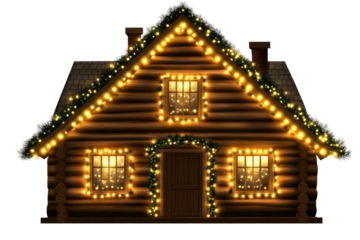Decorative christmas lights outline the roofline of a cozy log house creating a festive atmosphere during the holiday season