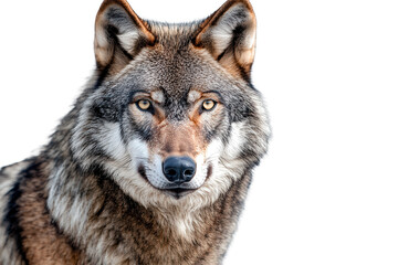 Obraz premium Close-up of a gray wolf showcasing its piercing gaze and detailed fur texture in a natural setting during midday light