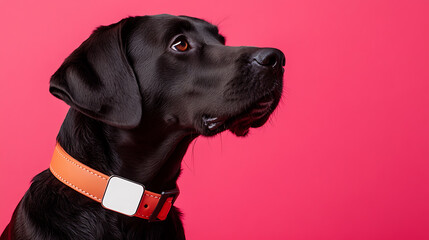 Meet a sleek black Labrador Retriever set against a lively pink backdrop, adorned with a chic orange collar. The portrait accentuates the dog's attentive gaze & smooth coat.