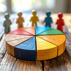 Colorful wooden pie chart surrounded by small figures