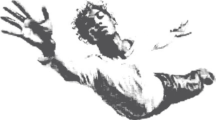 Falling human figure in a simple monochrome style. Vector illustration emphasizing movement and pose in a unique perspective.