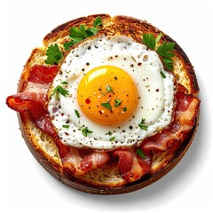 Toasted bread topped with a fried egg and crispy bacon. Fresh parsley garnish