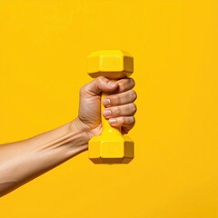 A hand holds a bright yellow dumbbell against a vibrant yellow background