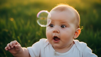 Wide-eyed baby shows a captivating real reaction of surprise and wonder to a floating soap bubble, illuminated by golden sunlight in a lush green field. A sweet, innocent moment captured outdoors.