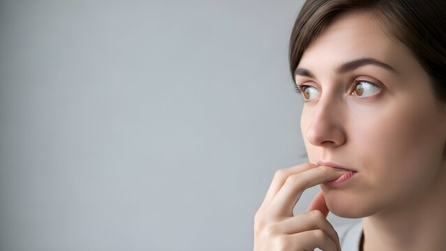 A young woman shows a real reaction of worry and deep thought, biting her finger while looking intently into the distance. Close-up portrait with copy space, conveying anxiety, contemplation, and ner