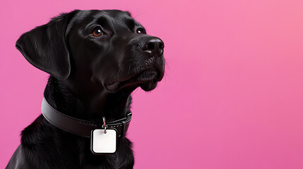 A sleek black canine with a collar and a blank tag on a vivid pink backdrop, gazing upwards with a calm and gentle expression. The dog's coat is smooth, glossy and well-groomed.