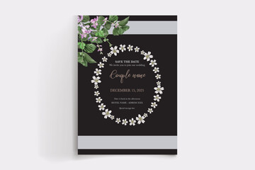 WEDDING INVITATION FRAME WITH FLOWER DECORATIONS AND FRESH LEAVES