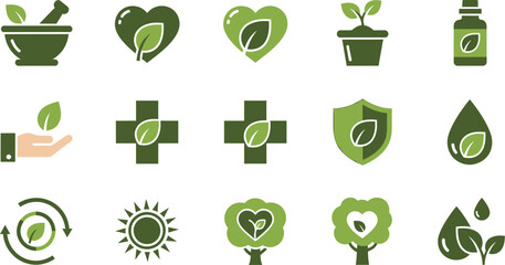 Collection of green nature and medical themed icons representing health and wellness.