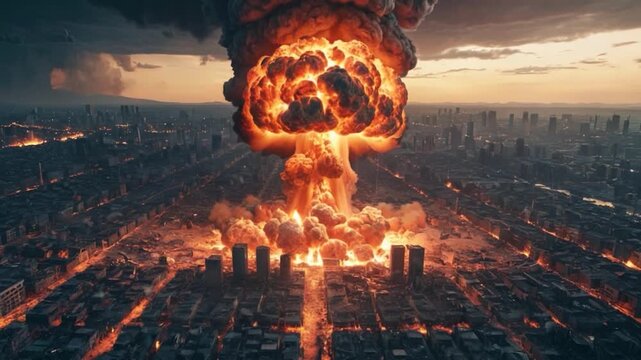 Video A massive explosion occurs above a cityscape