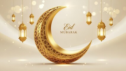 Elegant Golden Crescent Moon and Lanterns for Eid Mubarak Celebration.