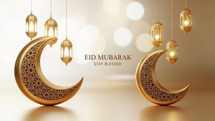 Elegant Eid Mubarak Greeting with Golden Crescent Moons and Lanterns.
