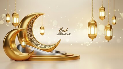 Elegant Golden Crescent Moon and Lanterns for Eid Mubarak Celebration.
