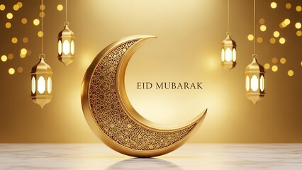 Elegant Golden Crescent Moon and Lanterns with Eid Mubarak Greeting.