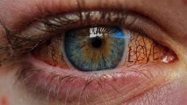 Macro shot of blue green eye with detailed iris and with sord money  and skin texture suitable for vision healthcare and biometric identity concepts