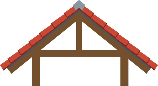 House roof structure vector illustration. Wooden timber truss with red tiles and king post design 