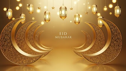 Elegant Golden Eid Mubarak Celebration with Crescent Moons and Lanterns.
