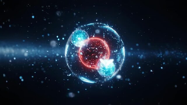 Abstract Atomic Structure Glowing Blue Red Core Particles Orbiting Dark Background Nebula Science