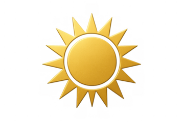 Golden sun symbol radiating warmth and light, representing summer, energy, and weather forecast, transparent background
