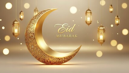Golden Crescent Moon and Lanterns for Eid Mubarak Celebration.
