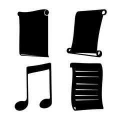 Classic music note and parchment scroll document icons set