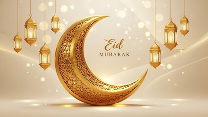 Golden Crescent Moon with Lanterns and Eid Mubarak Text.