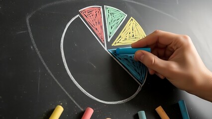 Hand drawing a pie chart with colorful chalk on a blackboard, representing data analysis and business growth