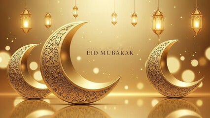 Golden Crescent Moons and Lanterns for Eid Mubarak Celebration.