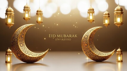 Golden Crescent Moons and Lanterns for Eid Mubarak Celebration.