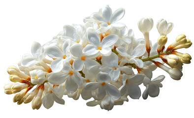 Delicate white lilac blooms clustered on stem, some yet to unfurl