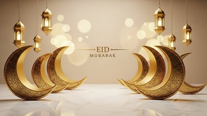 Golden Crescent Moons and Lanterns with Eid Mubarak Text.
