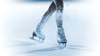 Close-up of figure skates cutting into the ice, sending a spray of snow and ice shavings into the air. The motion captures the excitement and freedom of "Moving freely" on the ice rink during a winte