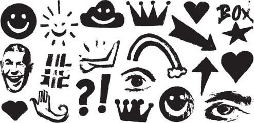 Naklejka premium Set of hand-drawn doodle icons including smiley faces, hearts, and arrows. Black and white vector illustration with graphic elements.